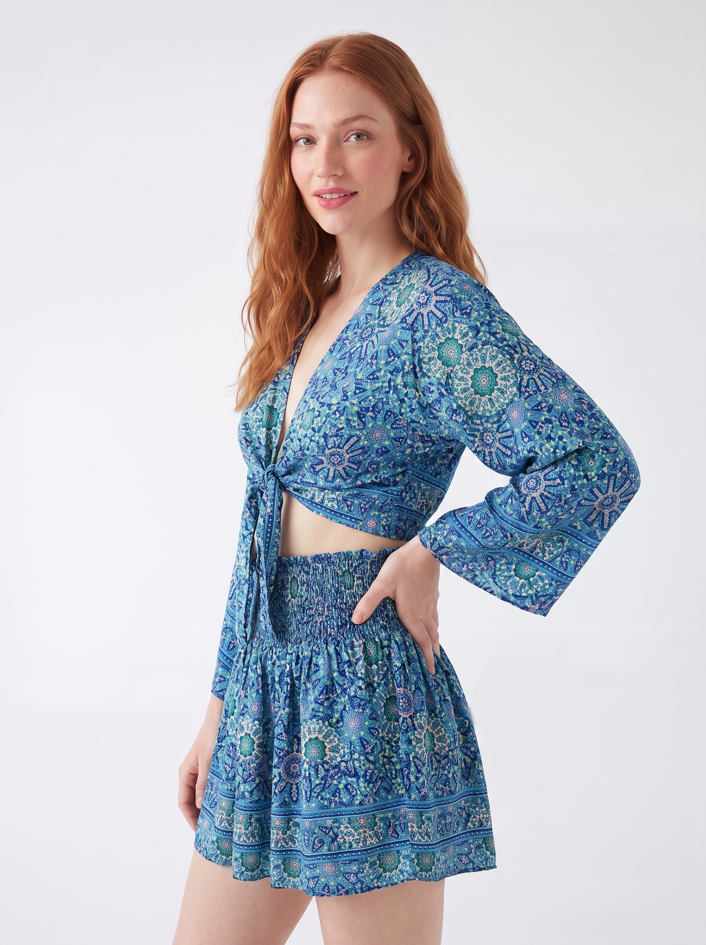 Mavi Mandala Baskılı Crop Mini Etek Takım